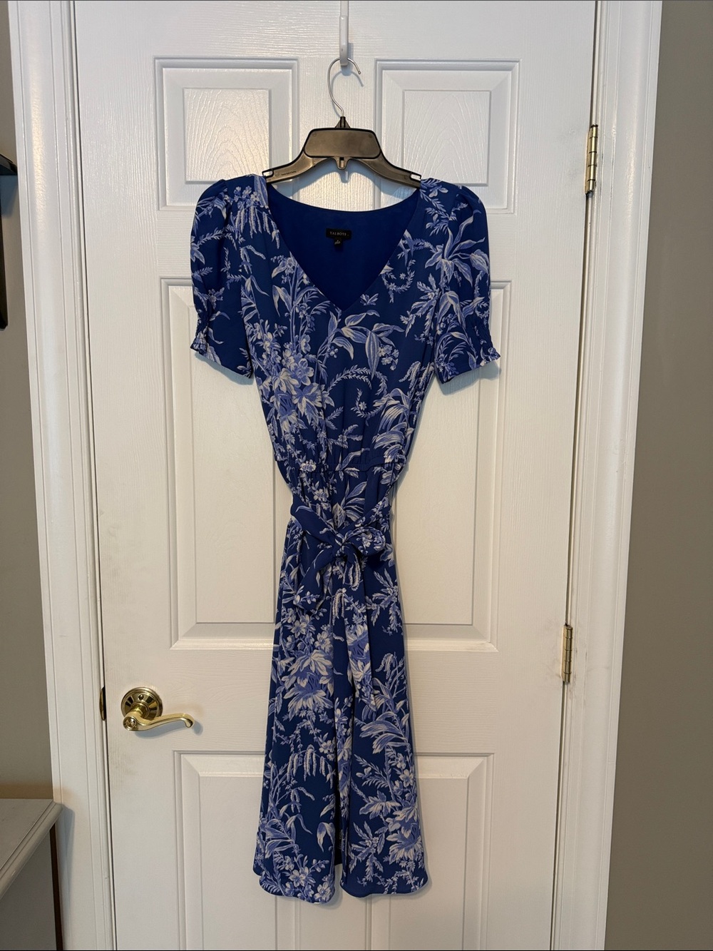 Talbots Blue and White Floral Midi Dress with Tie Waist